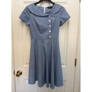 Wedtrend Vintage 1950s Blue White Polka Dot Swing Dress Midi Rockabilly Style